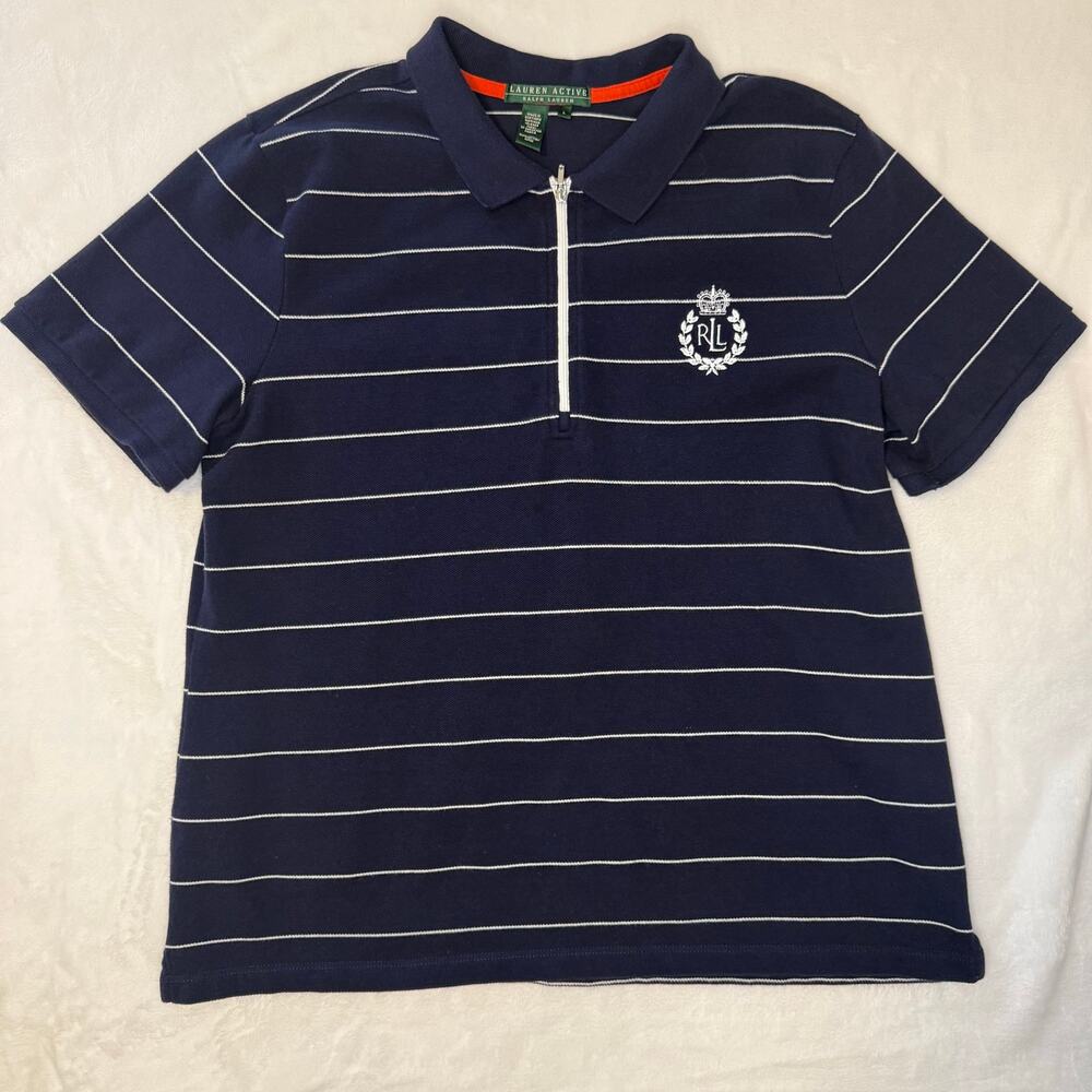 Lauren Active Ralph Lauren Navy Striped Front Zip Polo Shirt Women's Large
